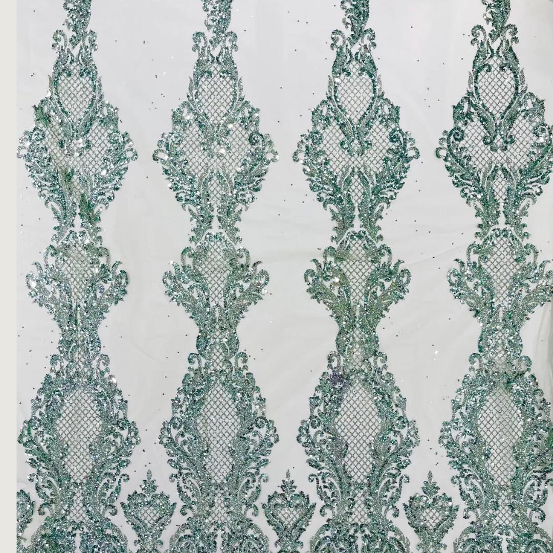 Luxury Lace - Sage -  Glitter Damask Design Fabric 58” Wide For Quinsiañera Dresses - Prom Dress Sold By The Yard