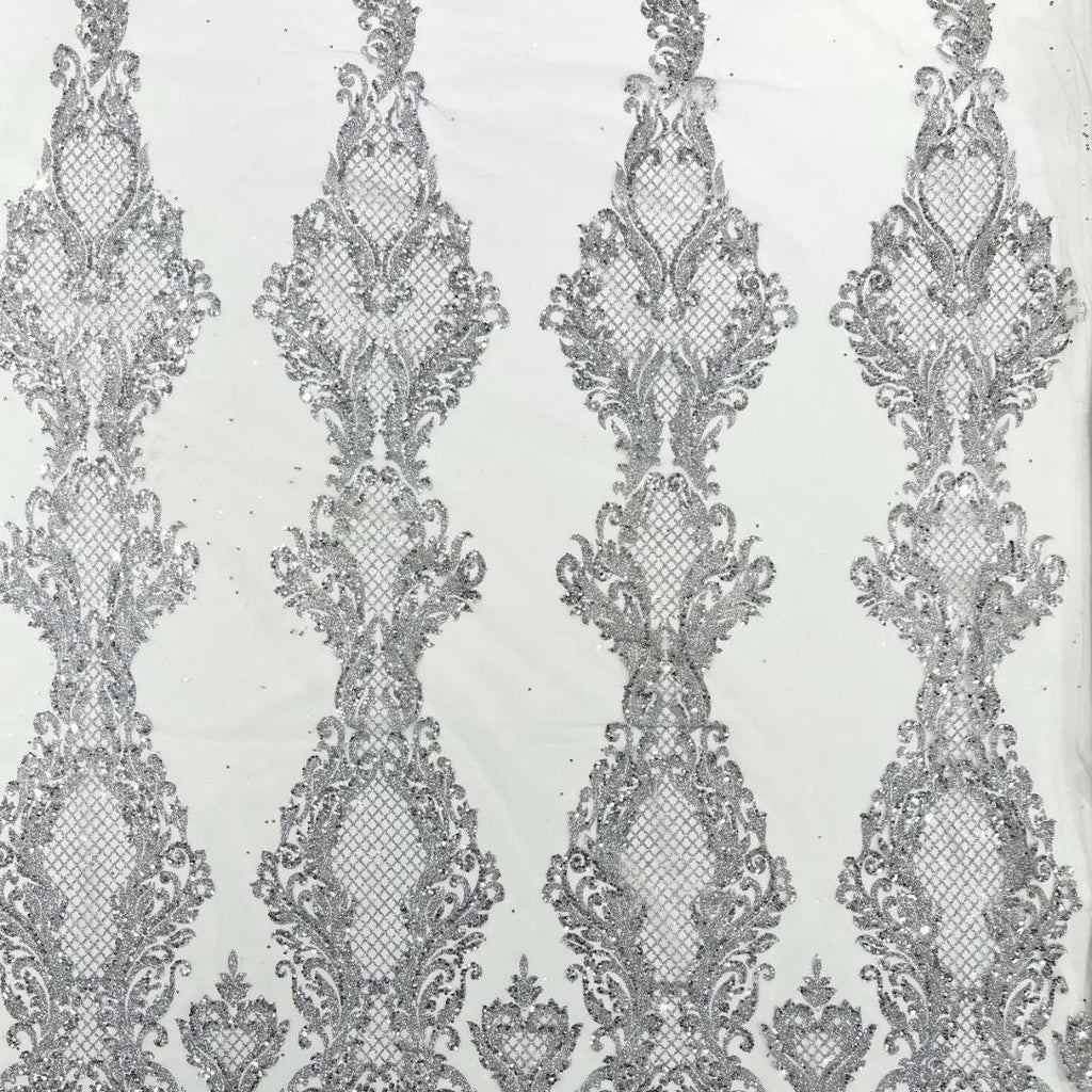 Luxury Lace - Silver -  Glitter Damask Design Fabric 58” Wide For Quinsiañera Dresses - Prom Dress Sold By The Yard