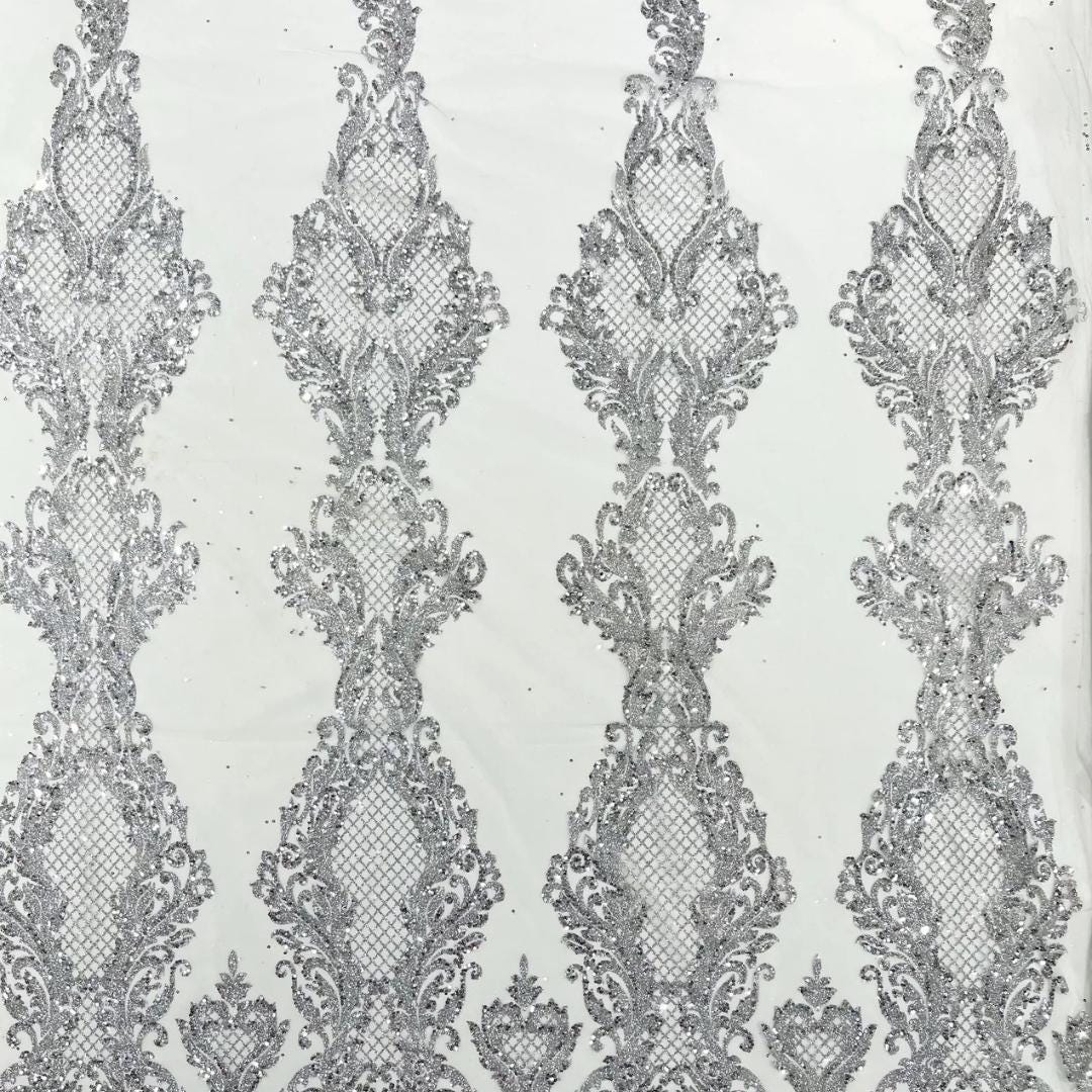 Luxury Lace - Silver -  Glitter Damask Design Fabric 58” Wide For Quinsiañera Dresses - Prom Dress Sold By The Yard