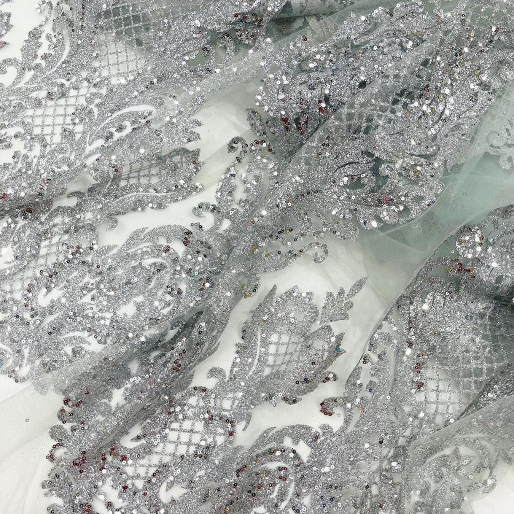 Luxury Lace - Silver -  Glitter Damask Design Fabric 58” Wide For Quinsiañera Dresses - Prom Dress Sold By The Yard