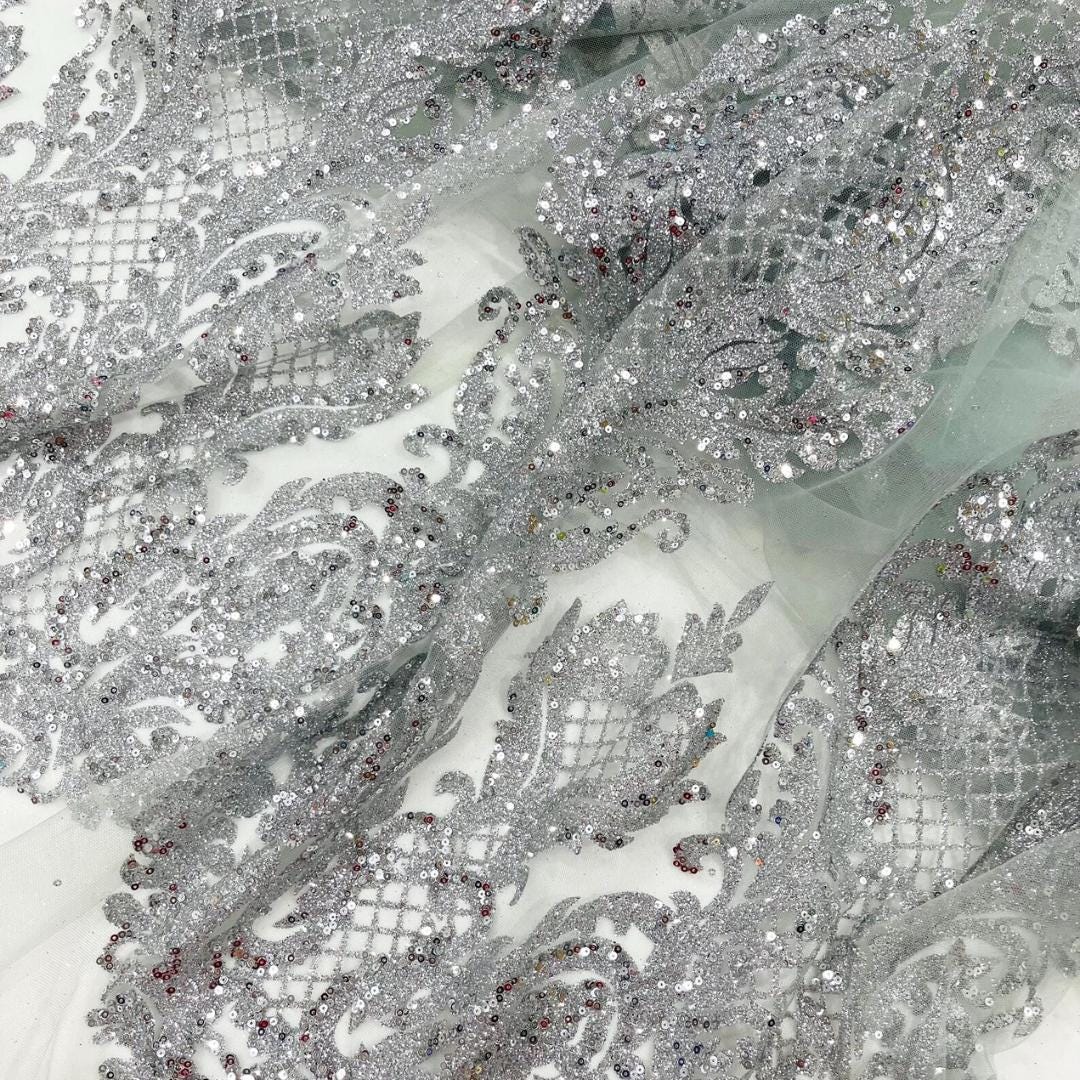 Luxury Lace - Silver -  Glitter Damask Design Fabric 58” Wide For Quinsiañera Dresses - Prom Dress Sold By The Yard