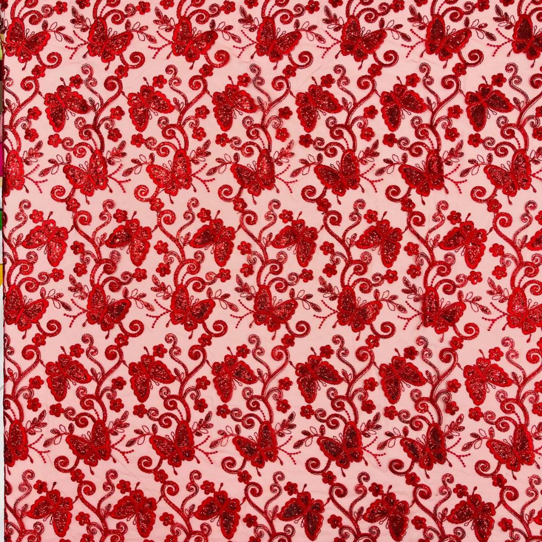 Butterfly Red - Metallic Lace Fabric Embroidered Butterfly & Flowers with Sequins For Quinsiañera Dresses - Prom Dress. Sold By The Yard