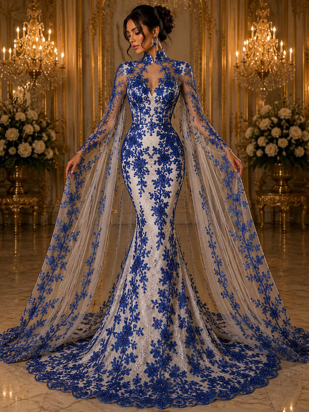 Butterfly Royal - Metallic Lace Fabric Embroidered Butterfly & Flowers with Sequins For Quinsiañera Dresses - Prom Dress. Sold By The Yard