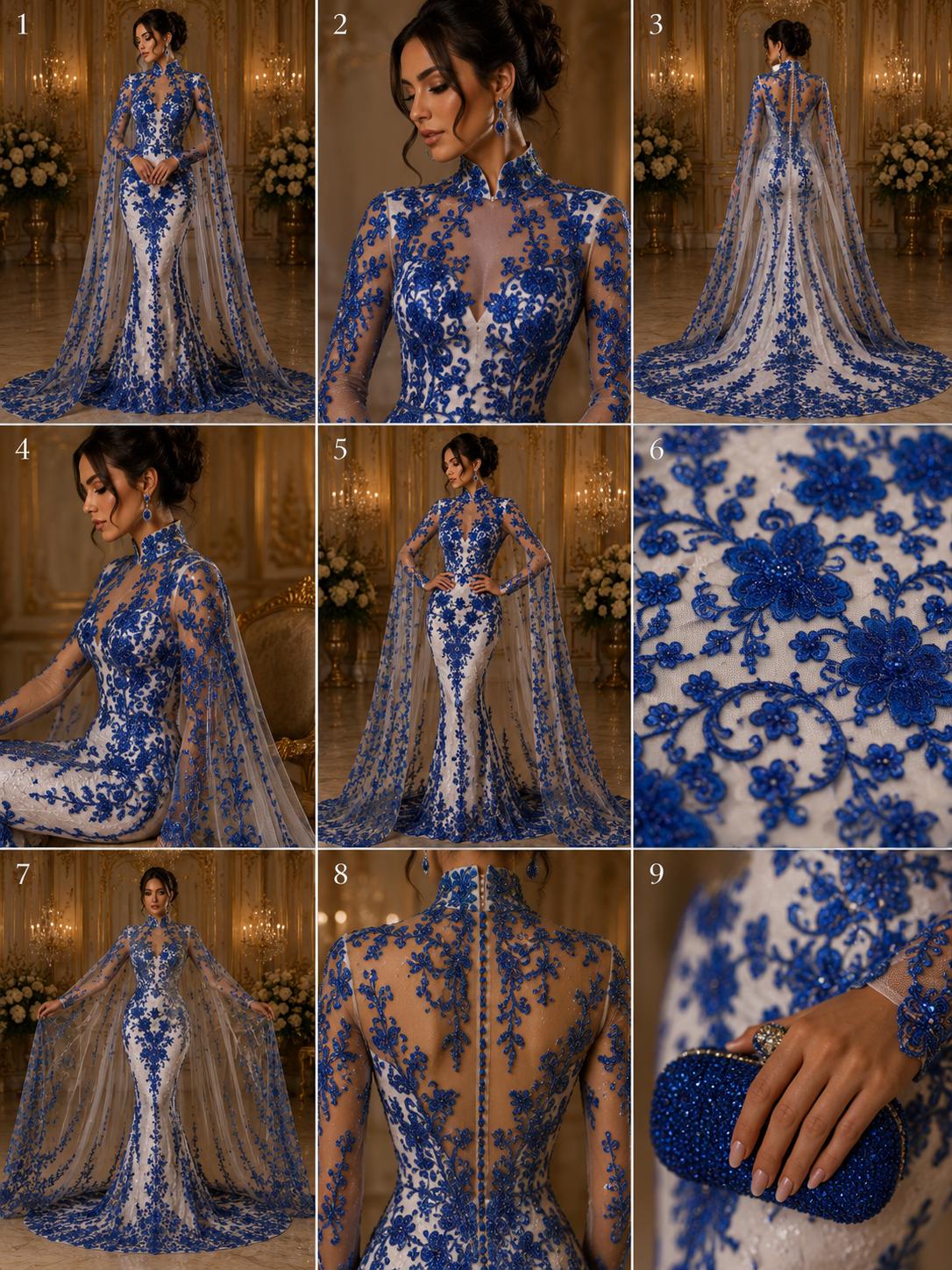Butterfly Royal - Metallic Lace Fabric Embroidered Butterfly & Flowers with Sequins For Quinsiañera Dresses - Prom Dress. Sold By The Yard