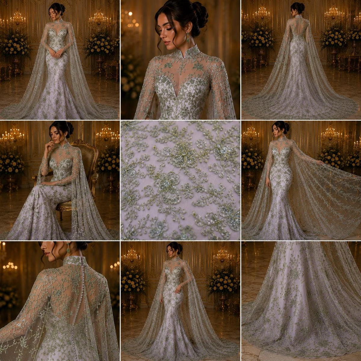 Butterfly Sage - Metallic Lace Fabric Embroidered Butterfly & Flowers with Sequins For Quinsiañera Dresses - Prom Dress. Sold By The Yard