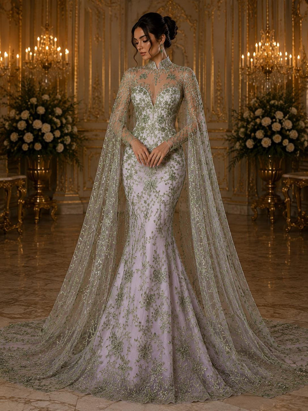 Butterfly Sage - Metallic Lace Fabric Embroidered Butterfly & Flowers with Sequins For Quinsiañera Dresses - Prom Dress. Sold By The Yard