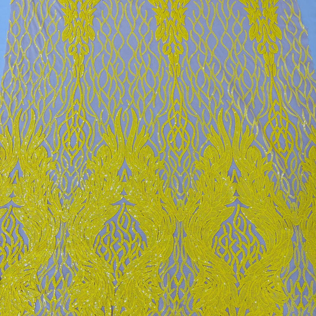 Wing Design Luxury Shiny Sequin - YELLOW - 4 Way Stretch Mesh Fabric – Prom & Evening Dress Material By The Yard.