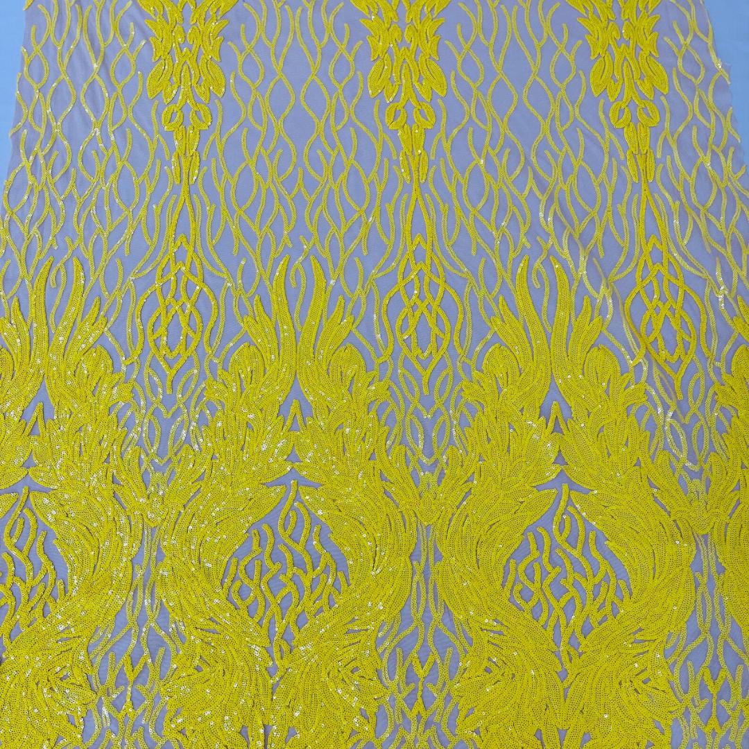 Wing Design Luxury Shiny Sequin - YELLOW - 4 Way Stretch Mesh Fabric – Prom & Evening Dress Material By The Yard.