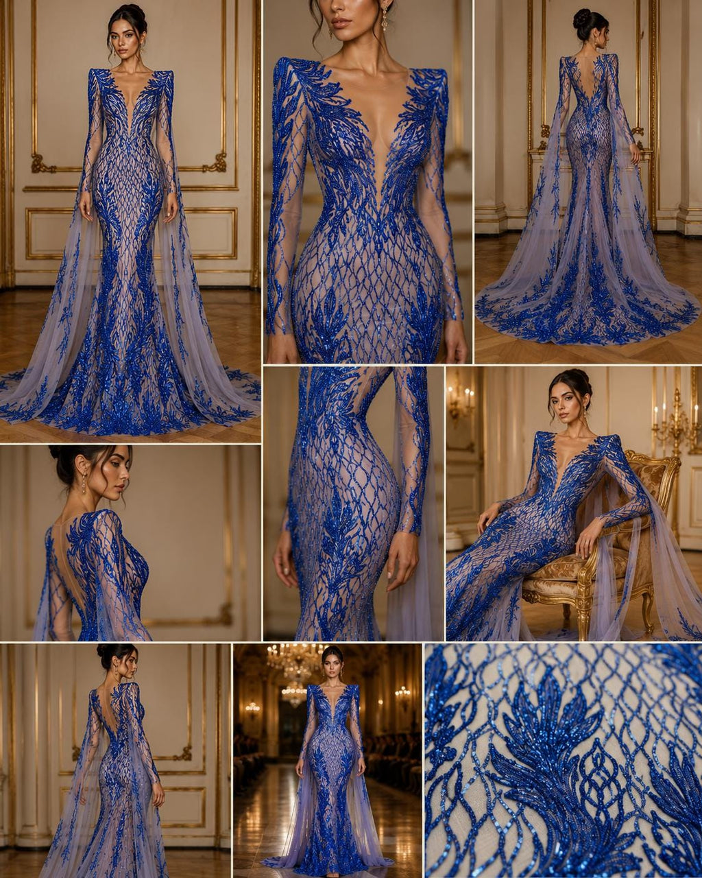 Wing Design Luxury Shiny Sequin - ROYAL BLUE - 4 Way Stretch Mesh Fabric – Prom & Evening Dress Material By The Yard.