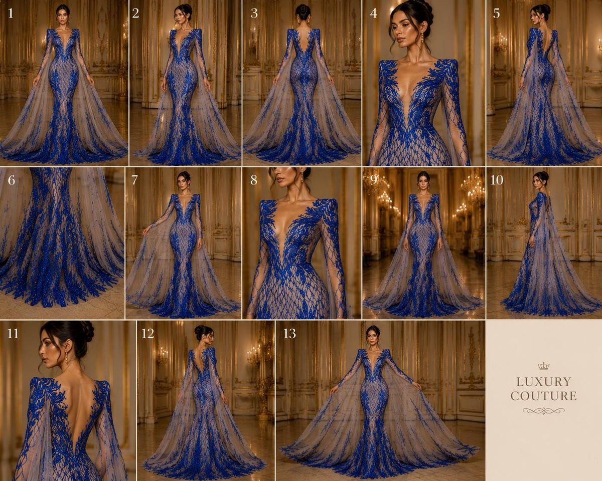 Wing Design Luxury Shiny Sequin - ROYAL BLUE - 4 Way Stretch Mesh Fabric – Prom & Evening Dress Material By The Yard.