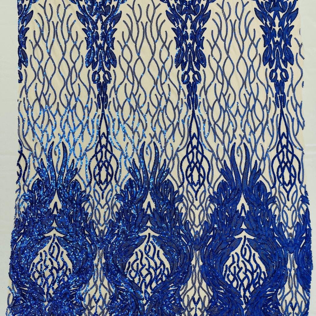 Wing Design Luxury Shiny Sequin - ROYAL BLUE - 4 Way Stretch Mesh Fabric – Prom & Evening Dress Material By The Yard.