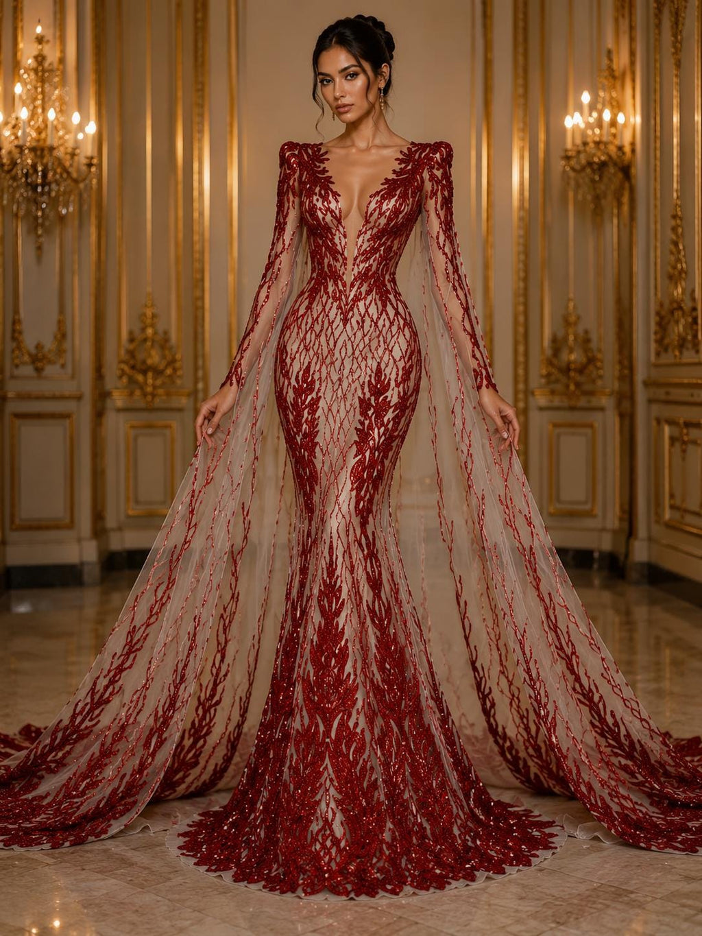Wing Design Luxury Shiny Sequin - RED - 4 Way Stretch Mesh Fabric – Prom & Evening Dress Material By The Yard.