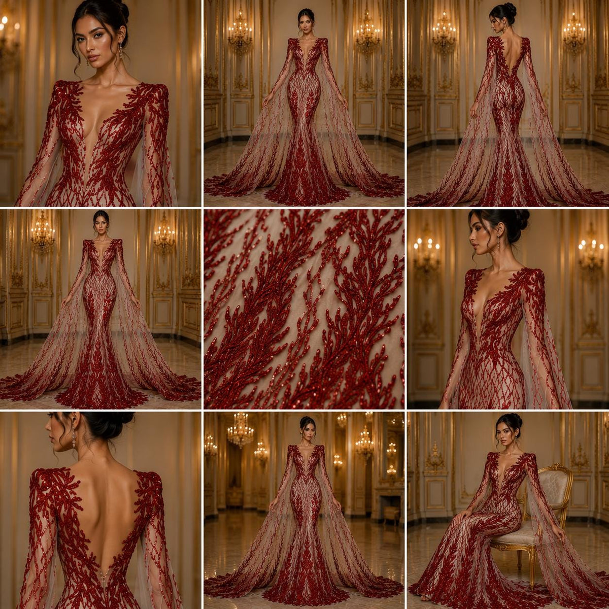 Wing Design Luxury Shiny Sequin - RED - 4 Way Stretch Mesh Fabric – Prom & Evening Dress Material By The Yard.