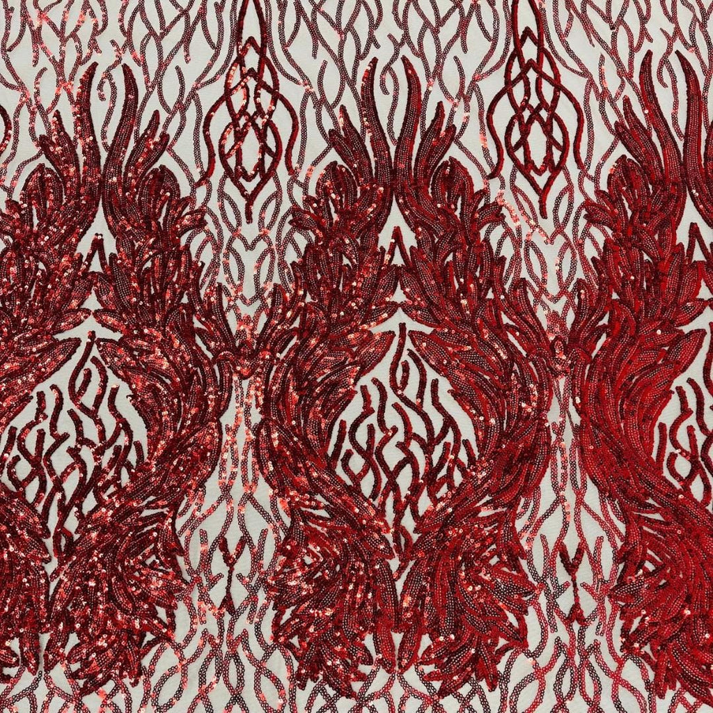 Wing Design Luxury Shiny Sequin - RED - 4 Way Stretch Mesh Fabric – Prom & Evening Dress Material By The Yard.