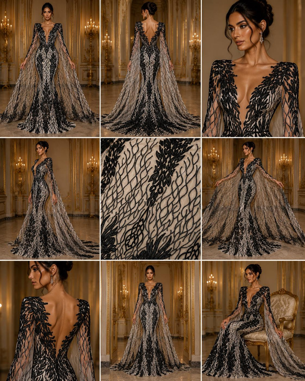 Wing Design Luxury Shiny Sequin - BLACK - 4 Way Stretch Mesh Fabric – Prom & Evening Dress Material By The Yard.