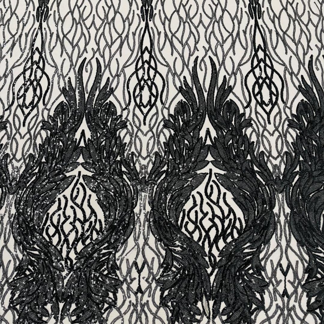 Wing Design Luxury Shiny Sequin - BLACK - 4 Way Stretch Mesh Fabric – Prom & Evening Dress Material By The Yard.