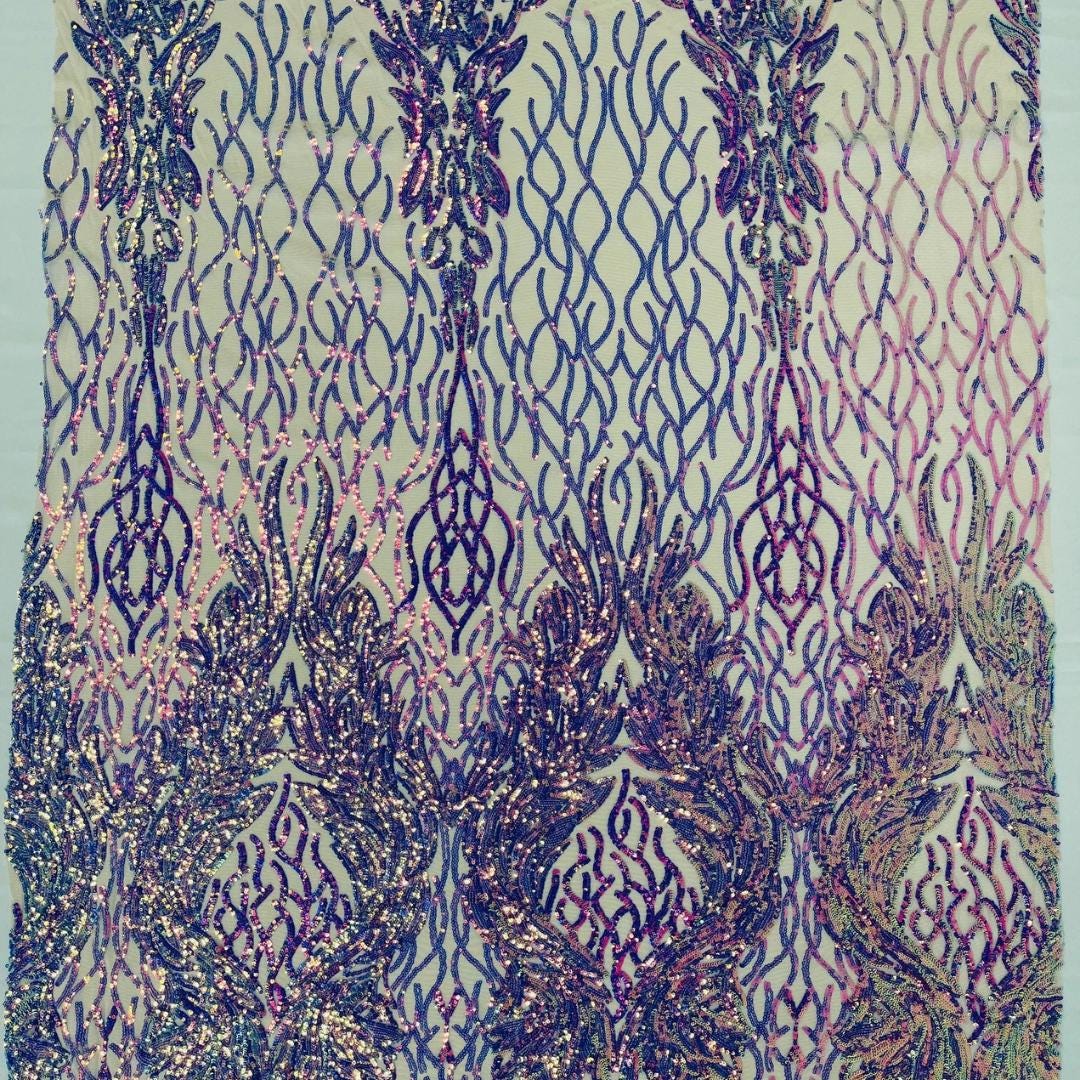 Wing Design Iridescent Luxury Shiny Sequin - LAVENDER - 4 Way Stretch Mesh Fabric – Prom & Evening Dress Material By The Yard.