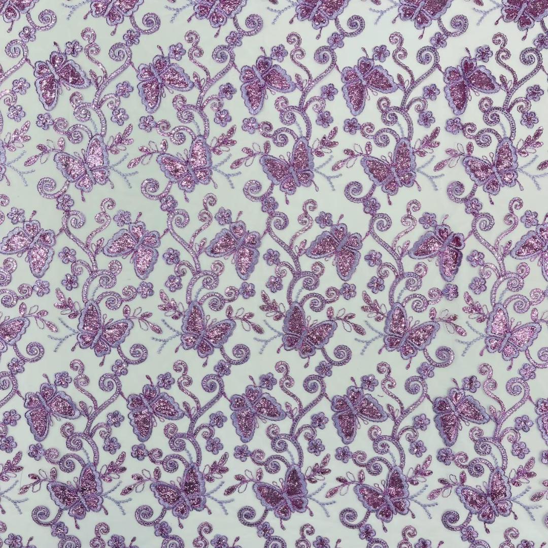 Butterfly Lilac - Metallic Lace Fabric Embroidered Butterfly & Flowers with Sequins For Quinsiañera Dresses - Prom Dress. Sold By The Yard