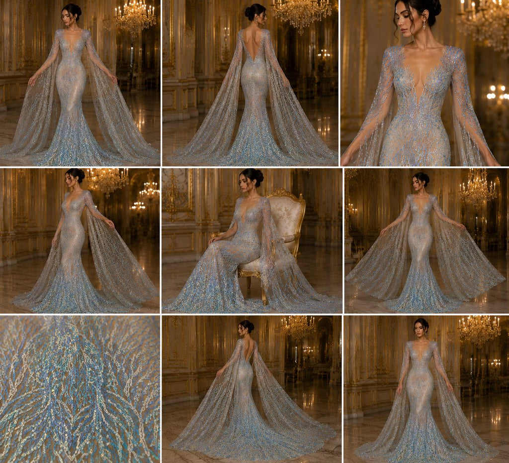 Wing Design Iridescent Luxury Shiny Sequin - AQUA/NUDE - 4 Way Stretch Mesh Fabric – Prom & Evening Dress Material By The Yard.
