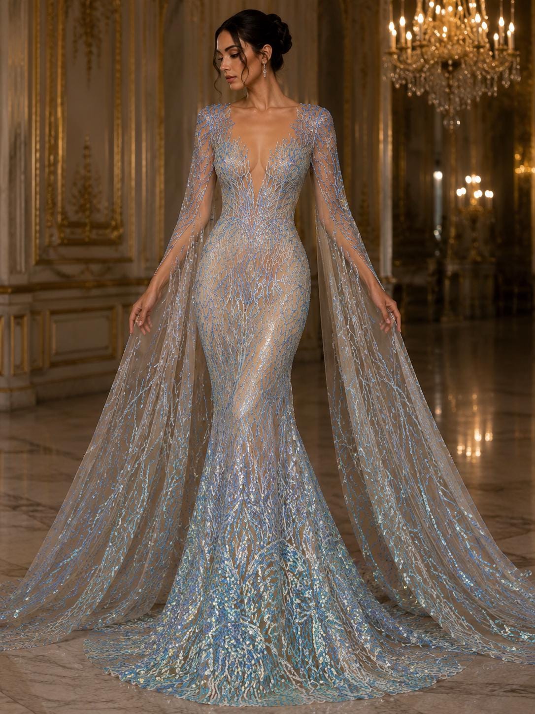 Wing Design Iridescent Luxury Shiny Sequin - AQUA/NUDE - 4 Way Stretch Mesh Fabric – Prom & Evening Dress Material By The Yard.