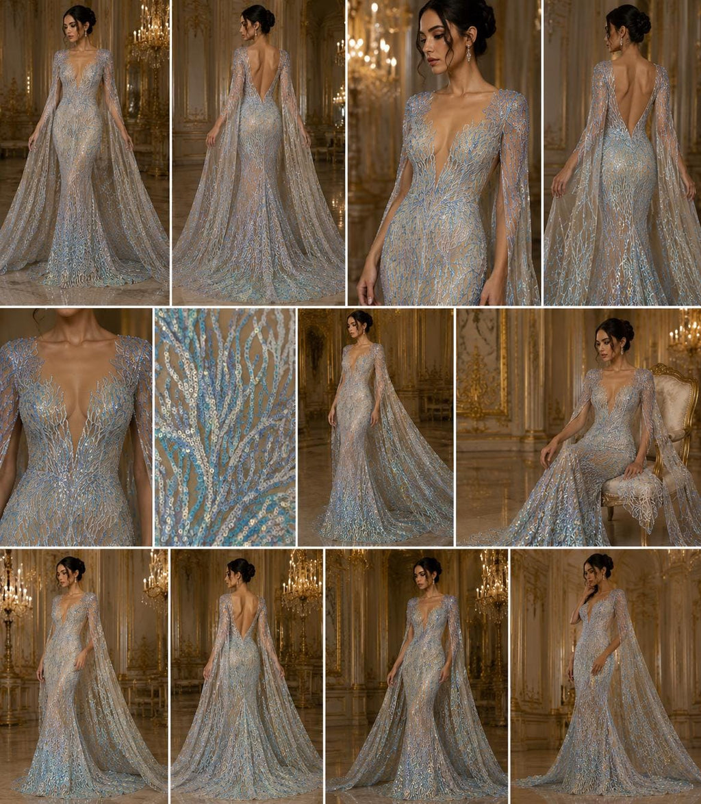 Wing Design Iridescent Luxury Shiny Sequin - AQUA/NUDE - 4 Way Stretch Mesh Fabric – Prom & Evening Dress Material By The Yard.