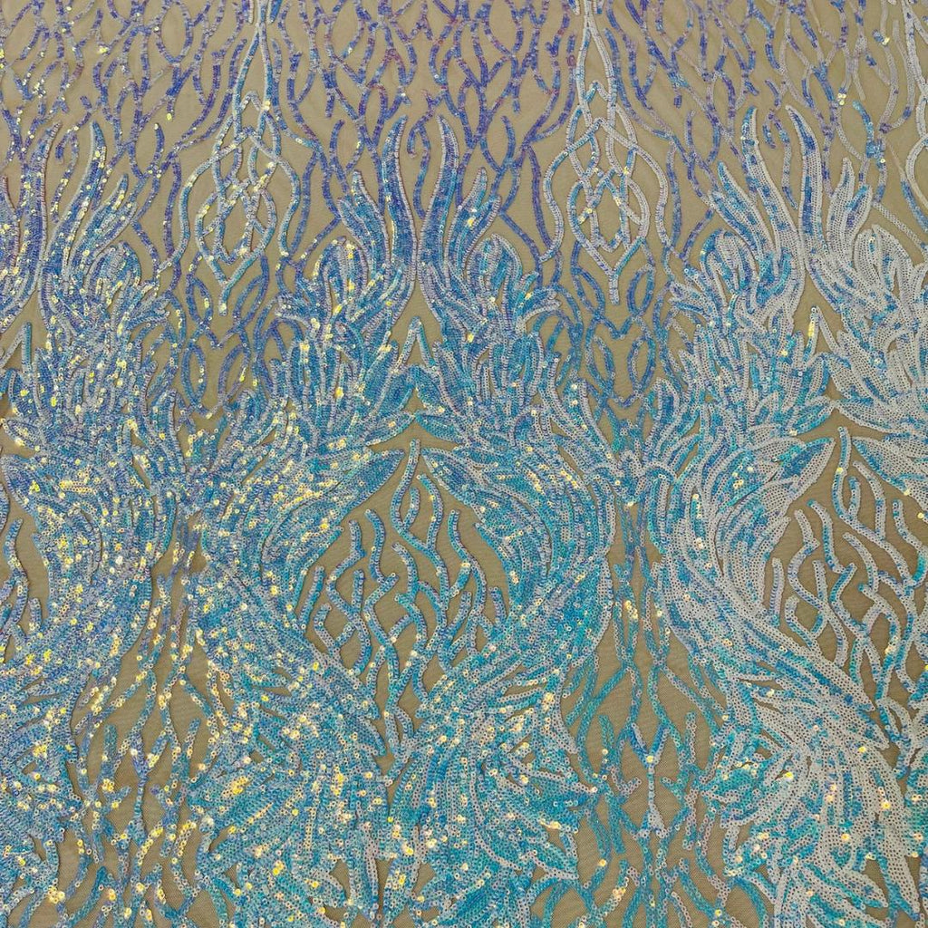 Wing Design Iridescent Luxury Shiny Sequin - AQUA/NUDE - 4 Way Stretch Mesh Fabric – Prom & Evening Dress Material By The Yard.