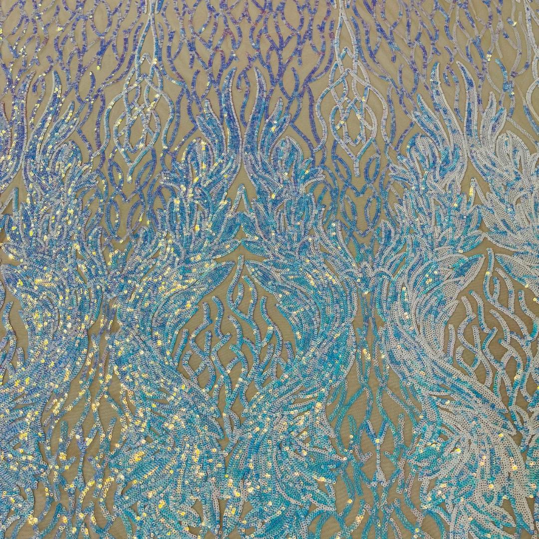Wing Design Iridescent Luxury Shiny Sequin - AQUA/NUDE - 4 Way Stretch Mesh Fabric – Prom & Evening Dress Material By The Yard.