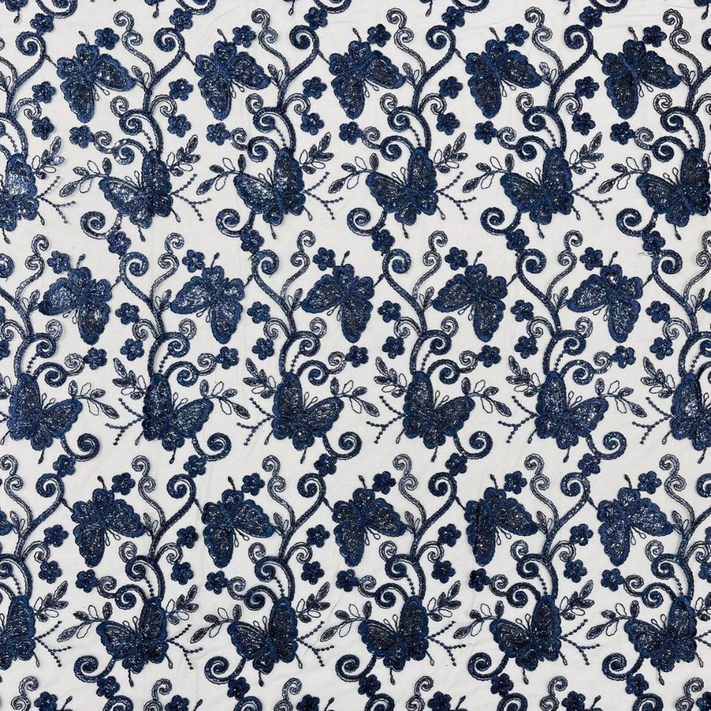 Butterfly Navy - Metallic Lace Fabric Embroidered Butterfly & Flowers with Sequins For Quinsiañera Dresses - Prom Dress. Sold By The Yard