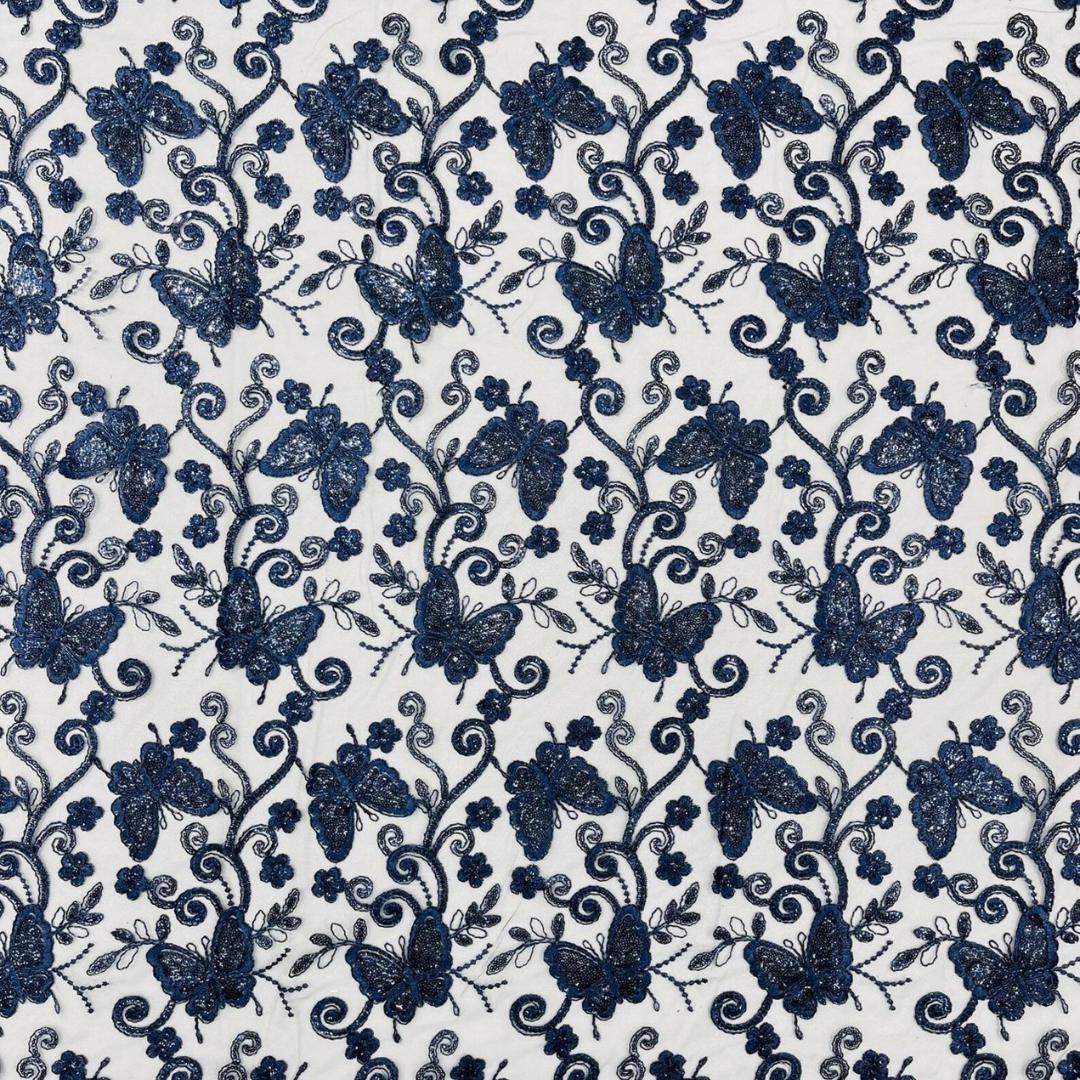 Butterfly Navy - Metallic Lace Fabric Embroidered Butterfly & Flowers with Sequins For Quinsiañera Dresses - Prom Dress. Sold By The Yard