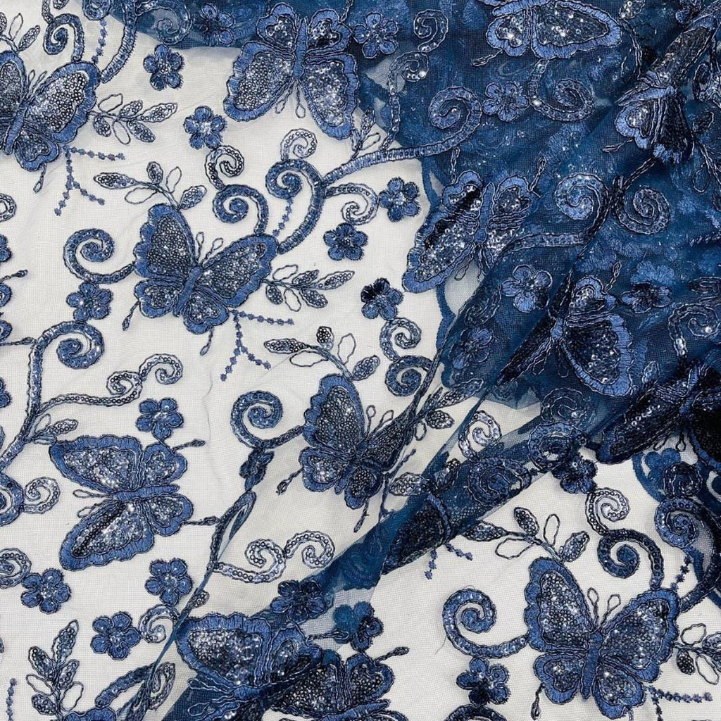 Butterfly Navy - Metallic Lace Fabric Embroidered Butterfly & Flowers with Sequins For Quinsiañera Dresses - Prom Dress. Sold By The Yard
