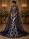 Butterfly Navy - Metallic Lace Fabric Embroidered Butterfly & Flowers with Sequins For Quinsiañera Dresses - Prom Dress. Sold By The Yard