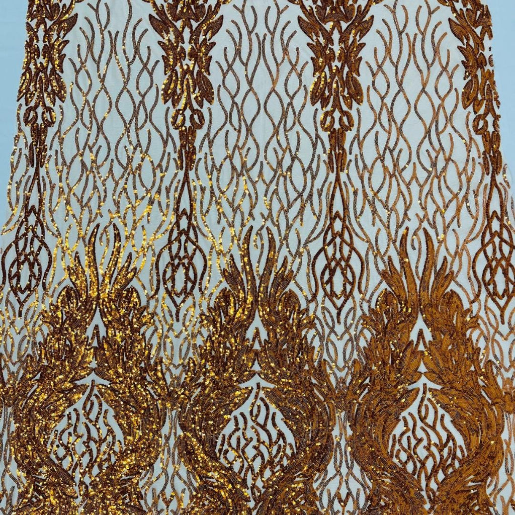 Wing Design Luxury Shiny Sequin - ORANGE/NUDE - 4 Way Stretch Mesh Fabric – Prom & Evening Dress Material By The Yard.