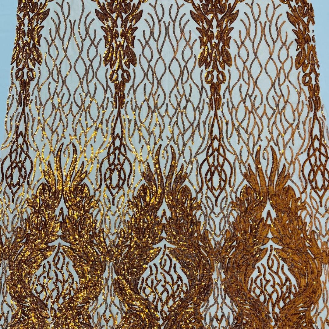 Wing Design Luxury Shiny Sequin - ORANGE/NUDE - 4 Way Stretch Mesh Fabric – Prom & Evening Dress Material By The Yard.