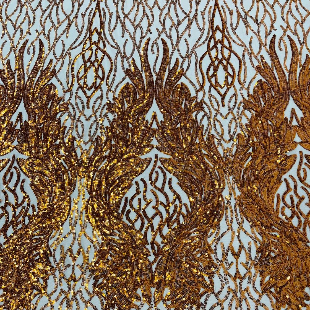 Wing Design Luxury Shiny Sequin - ORANGE/NUDE - 4 Way Stretch Mesh Fabric – Prom & Evening Dress Material By The Yard.