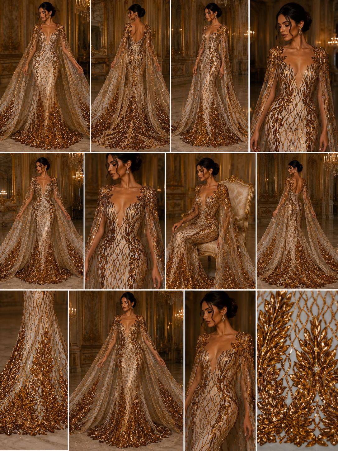 Wing Design Luxury Shiny Sequin - ORANGE/NUDE - 4 Way Stretch Mesh Fabric – Prom & Evening Dress Material By The Yard.