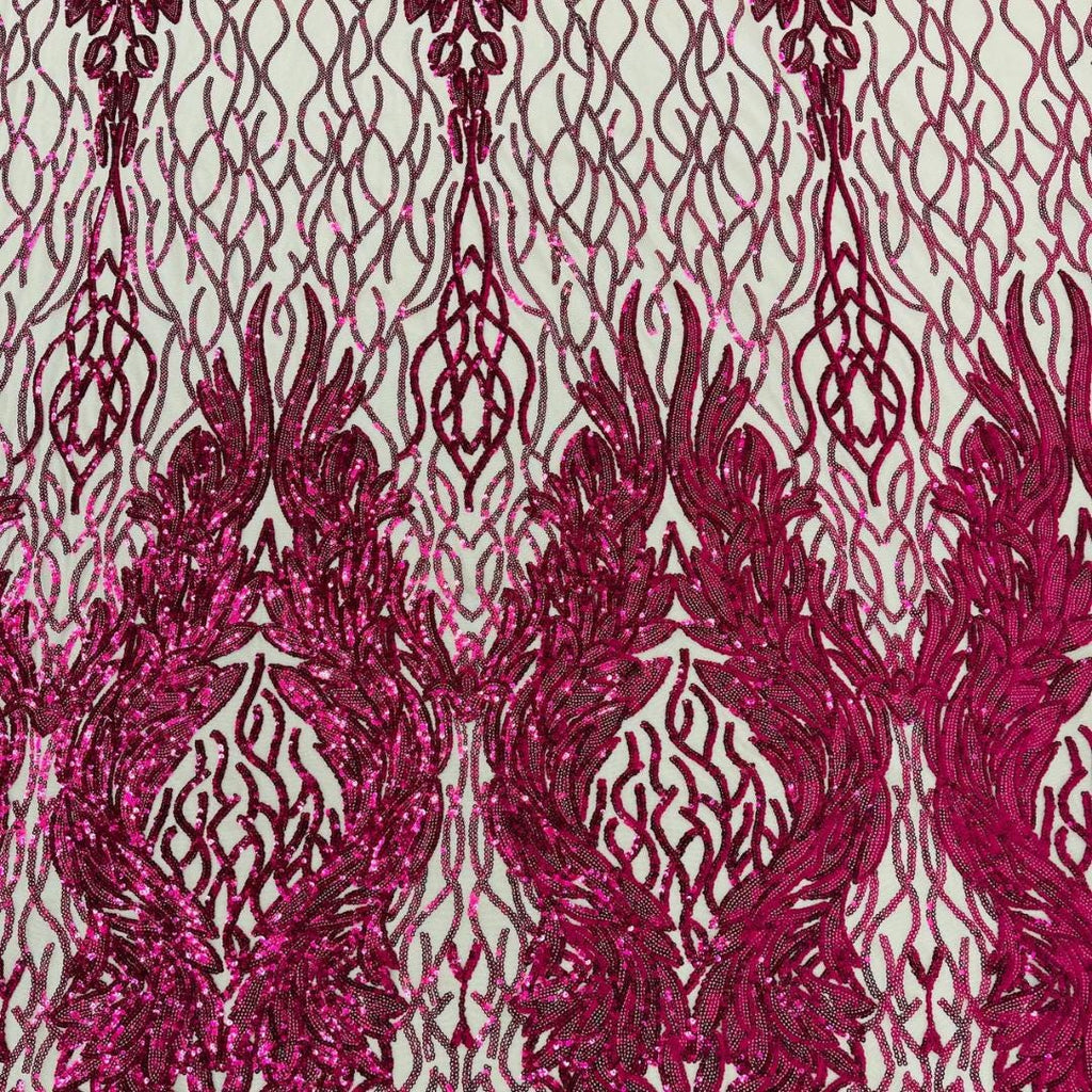 Wing Design Luxury Shiny Sequin - FUCHSIA/NUDE - 4 Way Stretch Mesh Fabric – Prom & Evening Dress Material By The Yard.