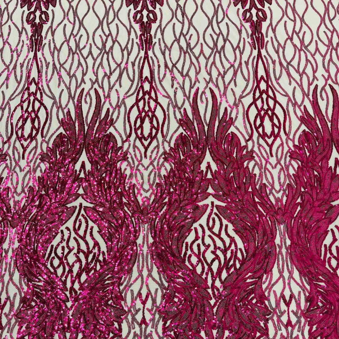 Wing Design Luxury Shiny Sequin - FUCHSIA/NUDE - 4 Way Stretch Mesh Fabric – Prom & Evening Dress Material By The Yard.