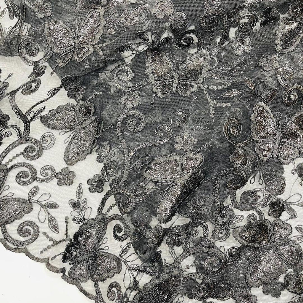 Butterfly Black - Metallic Lace Fabric Embroidered Butterfly & Flowers with Sequins For Quinsiañera Dresses - Prom Dress. Sold By The Yard