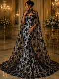Butterfly Black - Metallic Lace Fabric Embroidered Butterfly & Flowers with Sequins For Quinsiañera Dresses - Prom Dress. Sold By The Yard