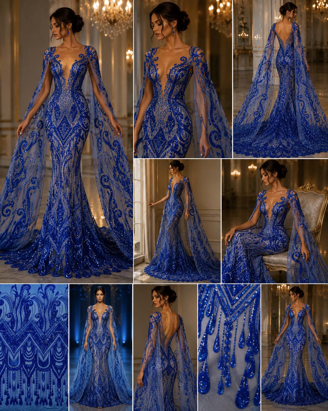 Feather Design Luxury Shiny Sequin - ROYAL BLUE - 4 Way Stretch Mesh Fabric – Prom & Evening Dress Material By The Yard.