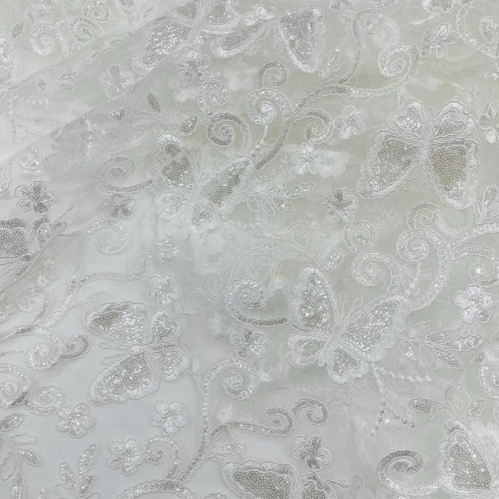 Butterfly Ivory - Metallic Lace Fabric Embroidered Butterfly & Flowers with Sequins For Quinsiañera Dresses - Prom Dress. Sold By The Yard