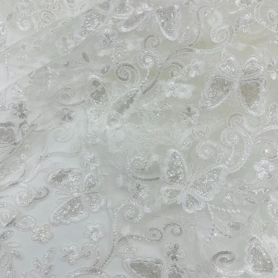 Butterfly Ivory - Metallic Lace Fabric Embroidered Butterfly & Flowers with Sequins For Quinsiañera Dresses - Prom Dress. Sold By The Yard