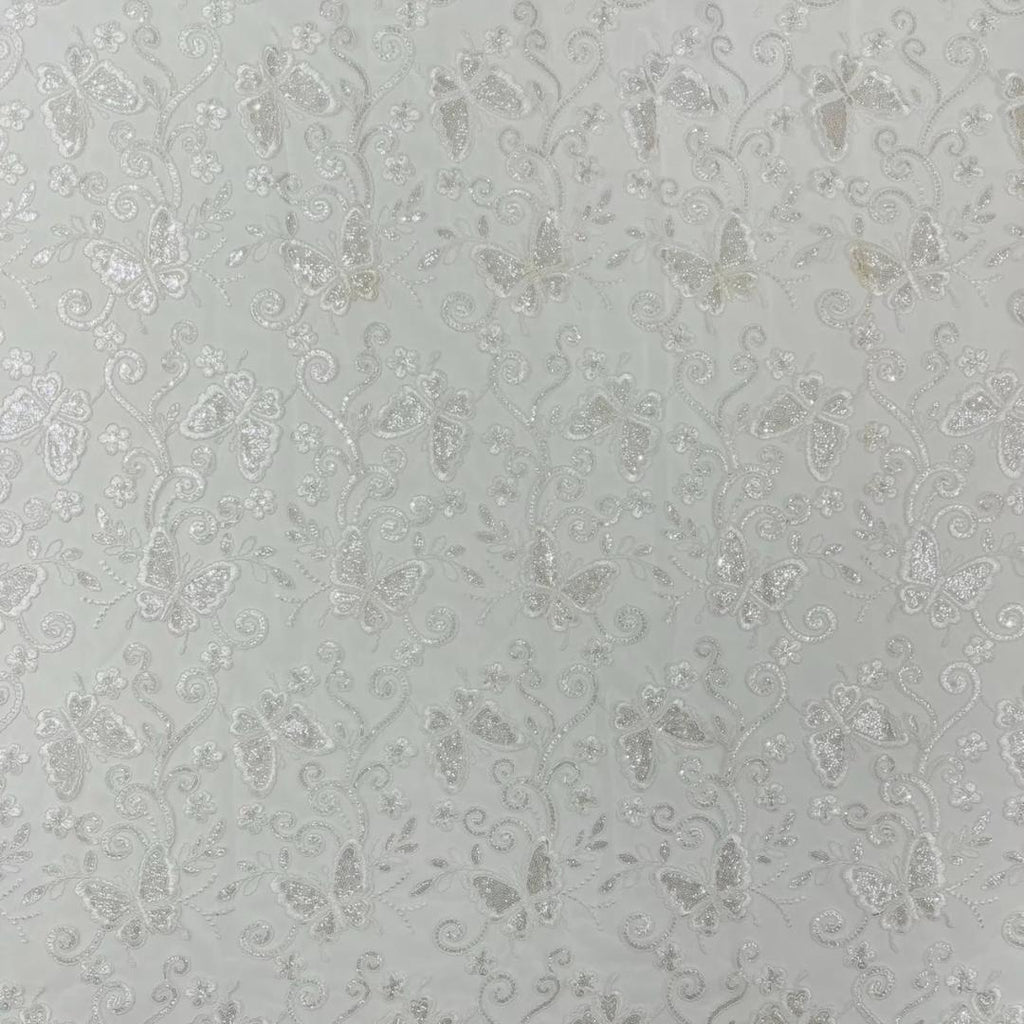 Butterfly Ivory - Metallic Lace Fabric Embroidered Butterfly & Flowers with Sequins For Quinsiañera Dresses - Prom Dress. Sold By The Yard