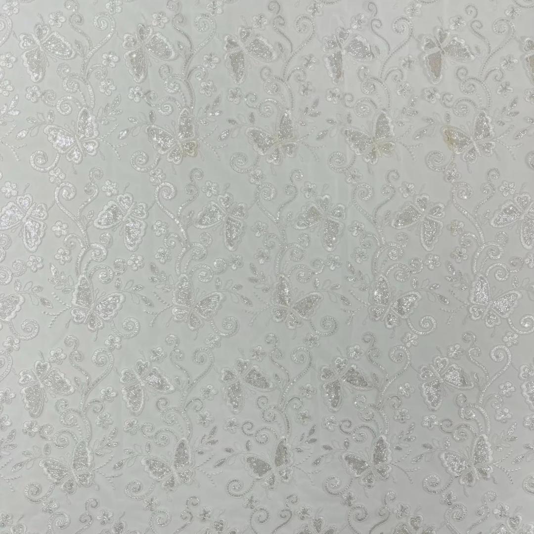 Butterfly Ivory - Metallic Lace Fabric Embroidered Butterfly & Flowers with Sequins For Quinsiañera Dresses - Prom Dress. Sold By The Yard
