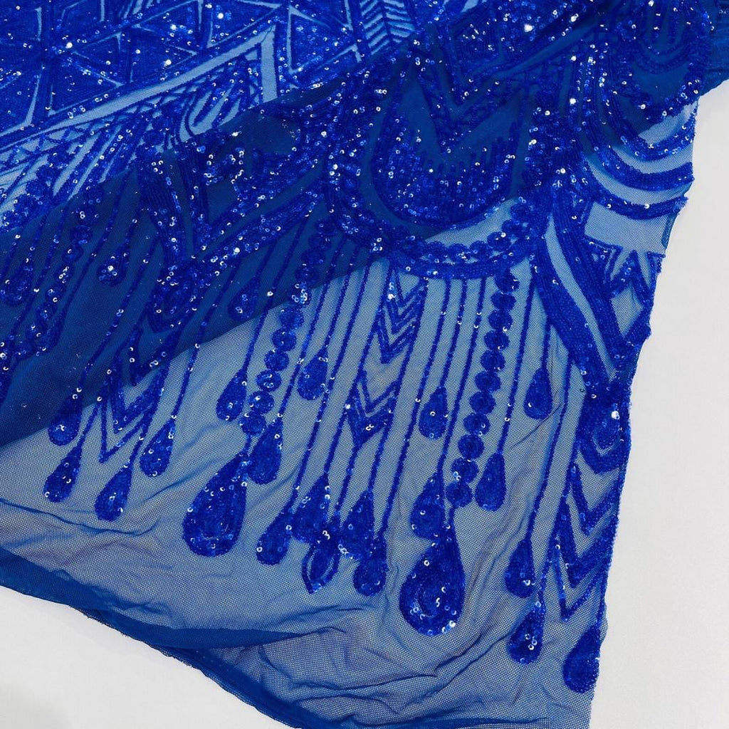 Feather Design Luxury Shiny Sequin - ROYAL BLUE - 4 Way Stretch Mesh Fabric – Prom & Evening Dress Material By The Yard.