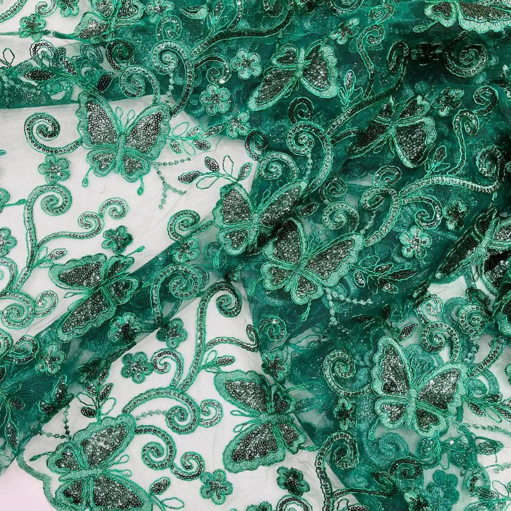 Butterfly Hunter - Metallic Lace Fabric Embroidered Butterfly & Flowers with Sequins For Quinsiañera Dresses - Prom Dress. Sold By The Yard