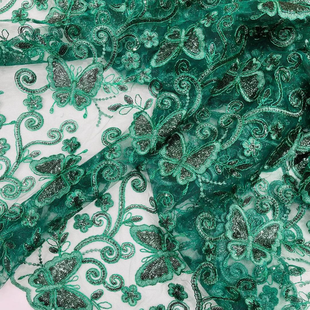 Butterfly Hunter - Metallic Lace Fabric Embroidered Butterfly & Flowers with Sequins For Quinsiañera Dresses - Prom Dress. Sold By The Yard