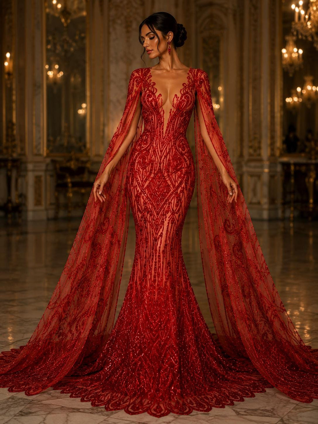 Feather Design Luxury Shiny Sequin - RED - 4 Way Stretch Mesh Fabric – Prom & Evening Dress Material By The Yard.