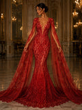 Feather Design Luxury Shiny Sequin - RED - 4 Way Stretch Mesh Fabric – Prom & Evening Dress Material By The Yard.