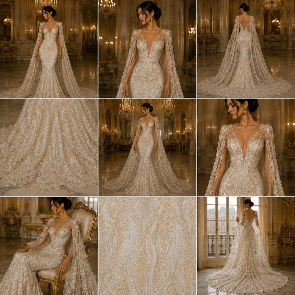 Feather Design Luxury Shiny Sequin - NUDE - 4 Way Stretch Mesh Fabric – Prom & Evening Dress Material By The Yard.